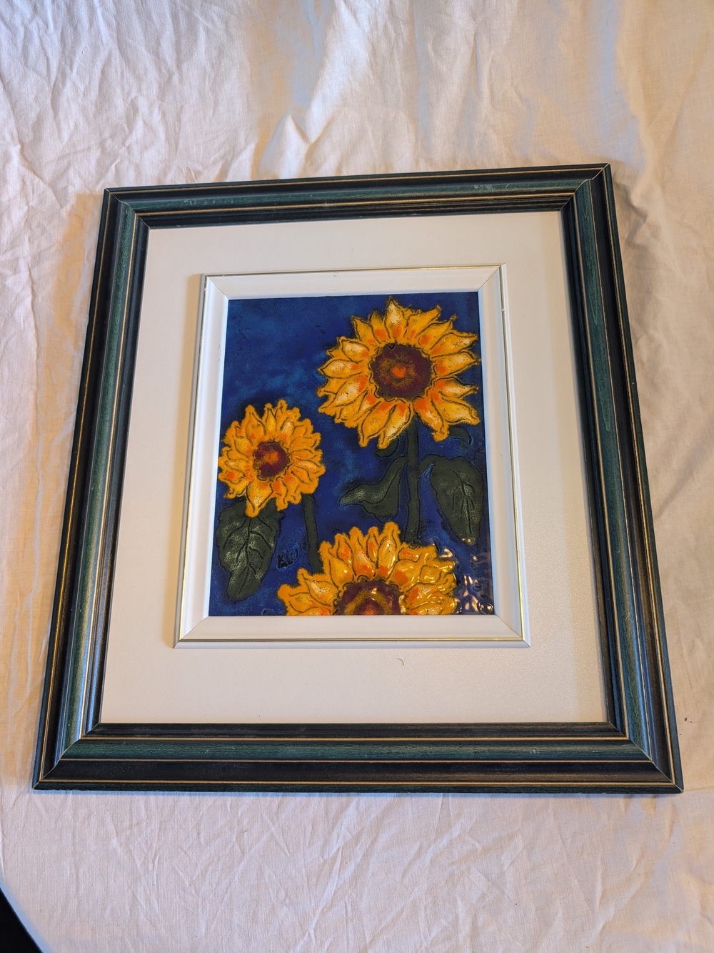 2/120$ Vintage Yellow Sunflower Enamel on copper Wall Art with Blue Background